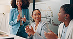 Group of people, workplace and applause in meeting, discussion or workshop for success or achievement. Team, clapping and excited for business, winner and positive with colleagues, together and happy