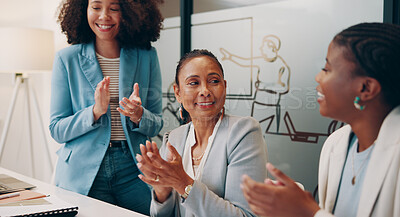 Buy stock photo Group of people, workplace and applause in meeting, discussion or workshop for success or achievement. Team, clapping and excited for business, winner and positive with colleagues, together and happy