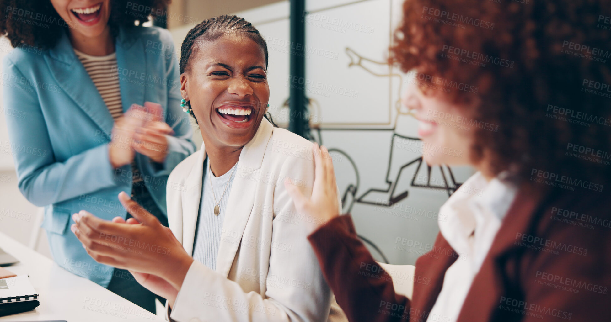 Buy stock photo Group of people, business and applause in meeting, discussion or workshop for success or achievement. Team, clapping and excited for workplace, winner and positive with colleagues, together and happy