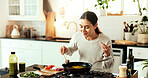 Woman, aroma and kitchen as chef or nutritionist as diet or recipe in home with satisfaction. Female person, culinary art for gourmet cuisine, creative or cooking for meal preparation, dinner or food