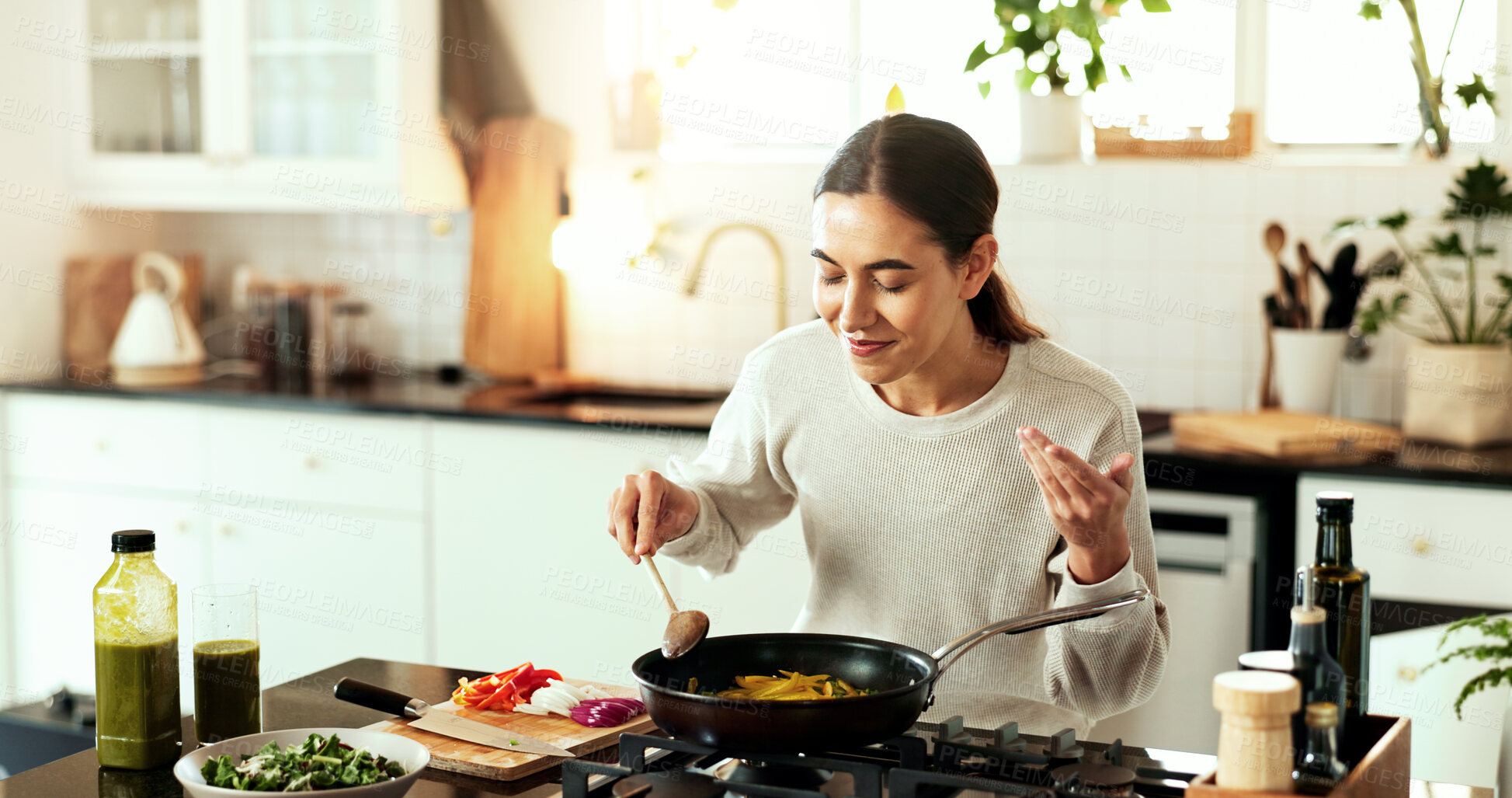 Buy stock photo Woman, aroma and kitchen as chef or nutritionist as diet or recipe in home with satisfaction. Female person, culinary art for gourmet cuisine, creative or cooking for meal preparation, dinner or food