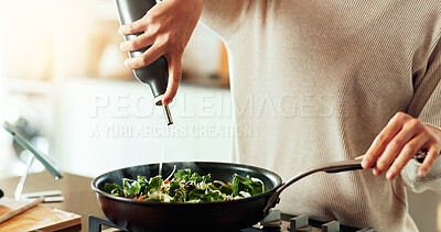 Buy stock photo Oil, cooking and hands of woman in kitchen with food, health and wellness with traditional recipe for lunch. Diet, nutrition and girl with frying pan, vegetables and meal prep for dinner in home.