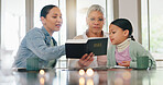 Grandma, child and mother with bible in home for generations, teaching and learning religion. Family, women and little girl with scripture in house for gospel, worship and education of Holy Spirit