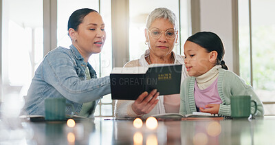 Buy stock photo Grandma, child and mother with bible in home for generations, teaching and learning religion. Family, women and little girl with scripture in house for gospel, worship and education of Holy Spirit