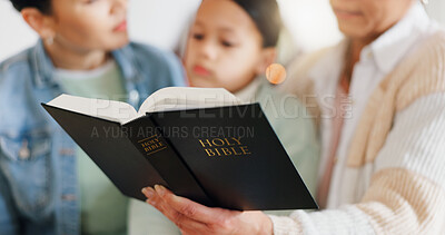 Buy stock photo Mother, child and grandmother with bible in hands for generations, worship and learning religion. Home, women and little girl with scripture in house for teaching, gospel and education of Holy Spirit