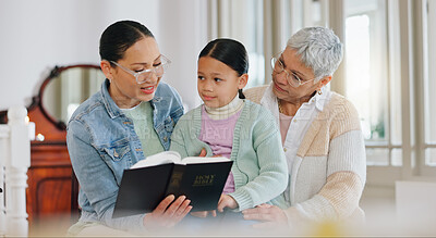 Buy stock photo Grandmother, child and mother with bible in home for generations, worship and learning religion. Family, women and little girl with scripture in house for gospel, teaching or education of Holy Spirit