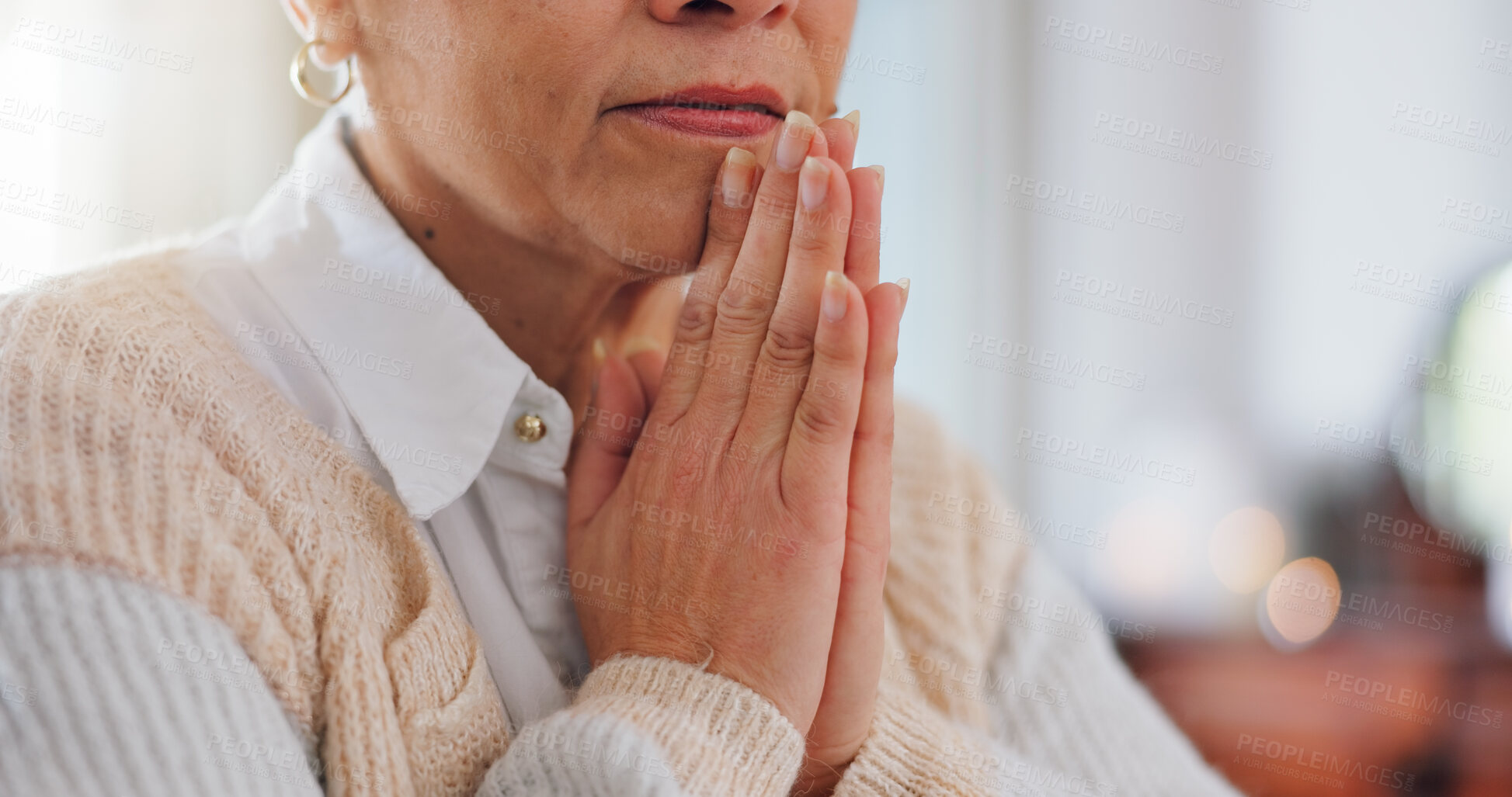 Buy stock photo Religion, hands and praying with senior woman in home for religious healing, mercy or guidance in Jesus. Forgiveness, Christian and female person with faith for hope, peace and worship to Holy Spirit