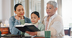 Grandmother, kid and mother with bible in home for generations, worship and teaching religion. Family, women and little girl with scripture in house for gospel, learning and education of Holy Spirit