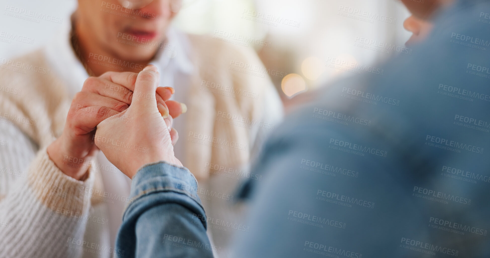 Buy stock photo Christian, holding hands and people with prayer in home for religious healing, mercy and faith in Jesus. Forgiveness, peace and religion with fellowship for gratitude, praise and guide in Holy Spirit