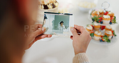 Buy stock photo Photograph, memory and hands of person in house for nostalgia, remembering and reminisce. Family picture, marriage and closeup of retro, vintage and old image of bride for album, reminder and wedding