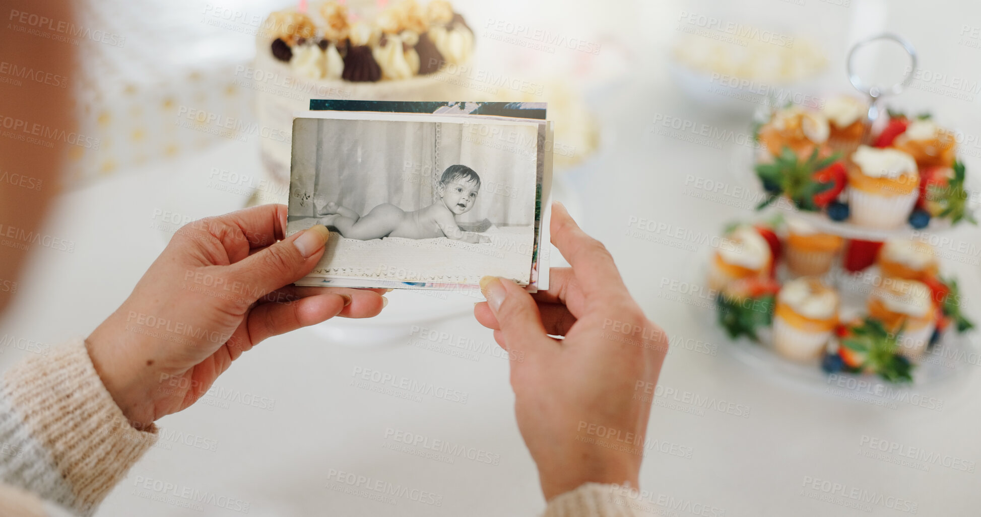 Buy stock photo Photograph, memory and hands of person in home for nostalgia, remembering and reminisce. Family picture, morning and closeup of retro, vintage and old image of baby for album, reminder and collection