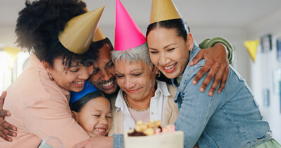 Buy stock photo Family, hug and celebration with grandmother on birthday for surprise, present and special event at home. Party hat, happy people and senior woman with gesture of love for cake, candles and dessert