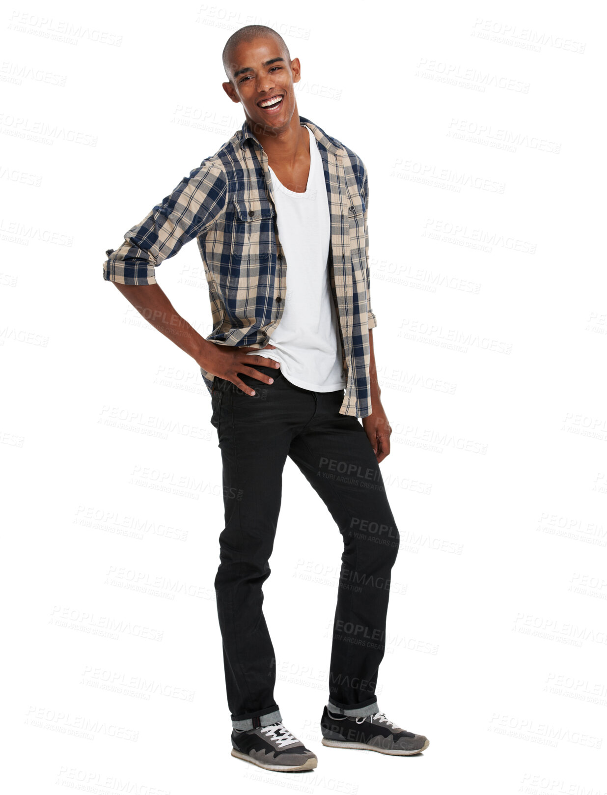 Buy stock photo Portrait, body language and confidence with a black man in studio on a white background to promote trendy clothes. Happy, smile and natural with a casual male posing in casual or contemorary clothing