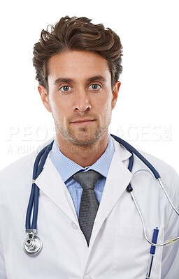 Buy stock photo Studio portrait of a handsome young doctor isolated on white