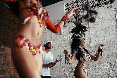 Buy stock photo Festival, dance and women at carnival in costume for celebration, music culture and happy band in Brazil. Samba, party and girl friends together at performance, parade or show in Rio de Janeiro.