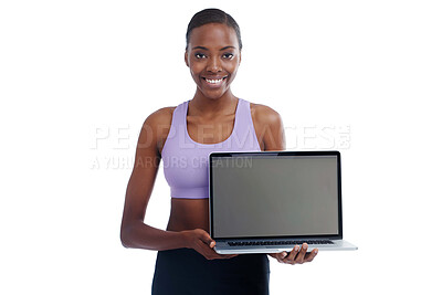 Buy stock photo Portrait, fitness and laptop screen with happy black woman in studio isolated on white background. Exercise, smile and computer display with confident young sports model advertising healthy lifestyle