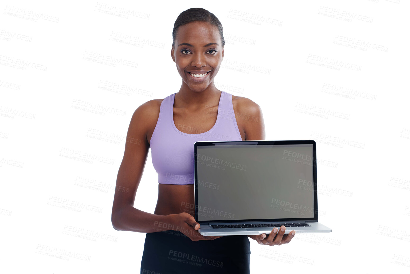 Buy stock photo Portrait, fitness and laptop screen with happy black woman in studio isolated on white background. Exercise, smile and computer display with confident young sports model advertising healthy lifestyle