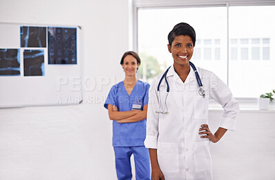 Buy stock photo Portrait, leader and smile of medical team in hospital for healthcare, wellness and arms crossed. Happy doctor, nurse and collaboration of professional experts or confident women in radiology clinic