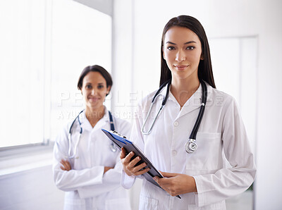 Buy stock photo Portrait, doctors and leader with medical team in hospital for  health checklist in clinic. Face, women and surgeon with arms crossed in collaboration for wellness, cooperation or confidence together