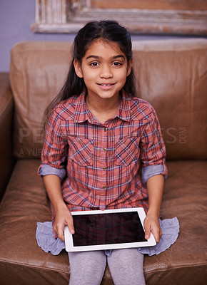 Buy stock photo Tablet, search and portrait of girl on a sofa with gaming or sign up at home. Digital, face and kid person in living room online for streaming, video or cartoon, film and chill