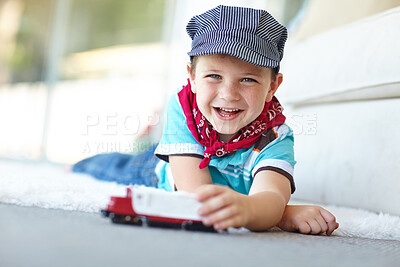 Buy stock photo Portrait, truck or child with toys playing for learning, development or fun with smile. Driving, boy or happy kid enjoying games with plastic vehicle for childhood hobby or growth at house in England