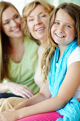 Buy stock photo Happy family, grandmother and portrait with child, smile and relax on holiday or vacation for break. Senior woman, daughter and kid in bonding together for love, support and care as generations in UK