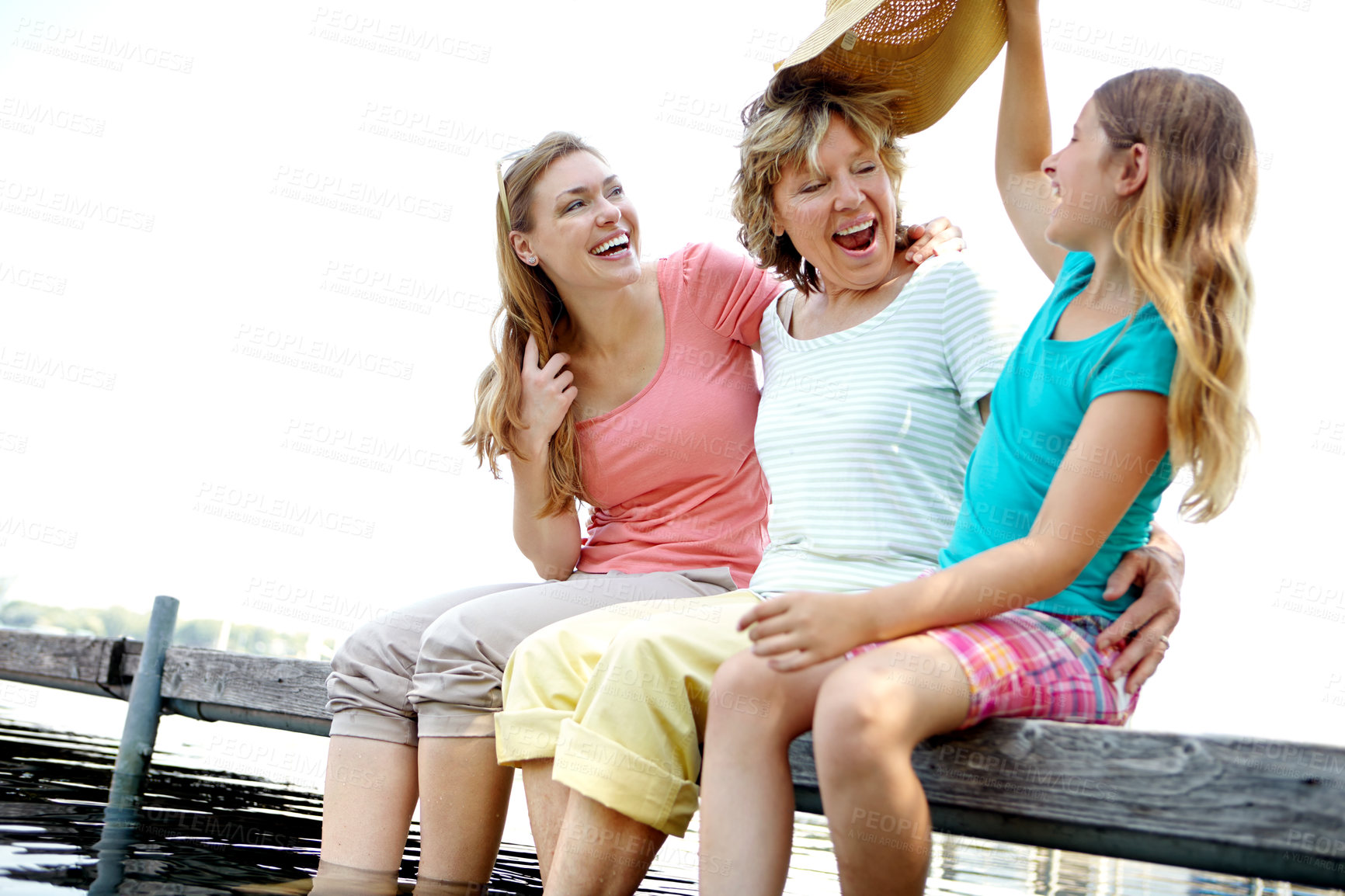 Buy stock photo Happy family, grandmother and child for nature, holiday or vacation in water or river as barefoot. Senior woman, daughter and girl in bonding together for love, support and care as generations in USA