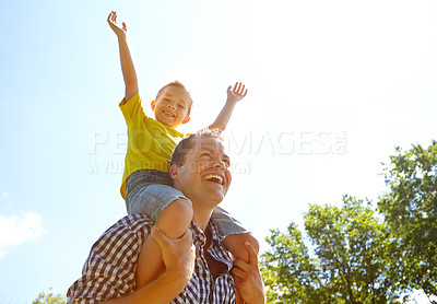 Buy stock photo Happiness, sky and dad with boy on shoulder ride for fun, playing and bonding. Parent, son and smile or laugh outdoor with open arms for support, care and trust on break for child development