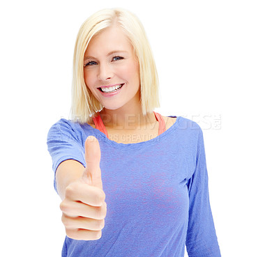 Buy stock photo Studio, vote and portrait of woman with thumbs up for good review, happy opinion and confident support. Smile, agreement and face of girl with yes hand gesture, like and approval on white background