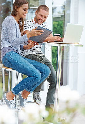 Buy stock photo Couple, smile and reading on tablet outdoor for browsing, internet and social media of networking together. Happy, people and technology for online shopping, subscription information and coffee shop