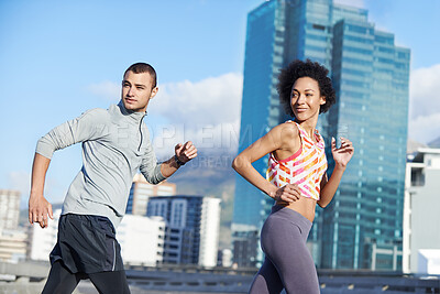 Buy stock photo Running, workout and training with couple in city for start of fitness, athlete and wellness. Race, exercise and marathon cardio with people for urban, health and sports performance together