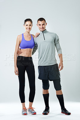 Buy stock photo Portrait, teamwork and couple with fitness, hug and exercise on white studio background. Face, healthy people and man with woman, training or workout with challenge, support and wellness with smile