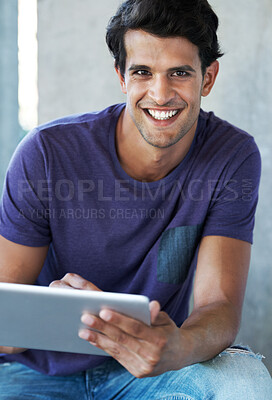 Buy stock photo Man, happiness and portrait with tablet on social media, post and digital app in Italy. Male person, style and smile on website or online for fashion tips, communication and networking and connection