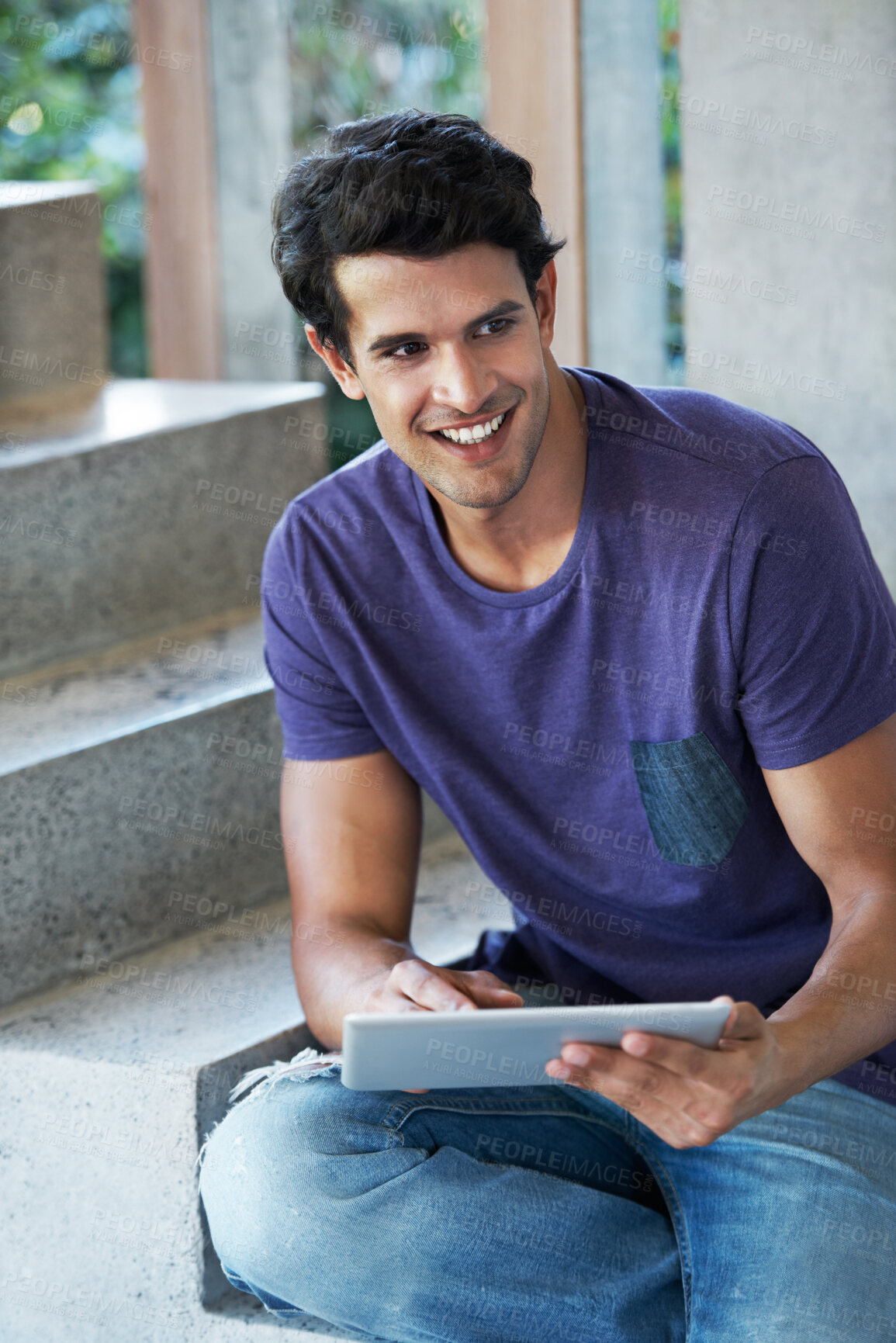 Buy stock photo Man, smile and portrait with tablet on stairs for social media and digital app in Italy. Male person, style and thinking on website for fashion tips, communication and networking and connection