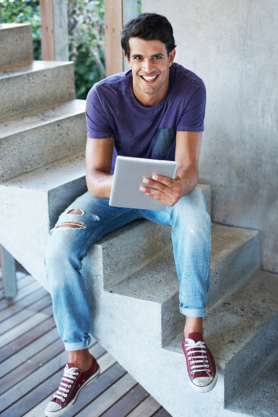 Buy stock photo Man, confidence and portrait with tablet on stairs for social media, digital app and online. Male person, style and happy on website for fashion tips, communication and networking and connection