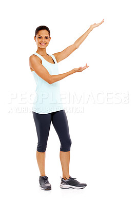 Buy stock photo Fitness, woman and portrait with show for promotion in studio with product placement, exercise deal or mockup. Person hands, advertisement and workout offer or training membership on white background