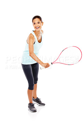 Buy stock photo Woman, thinking and smile with tennis racket in studio for sports practice, exercise and workout. Happy, player and athlete person with equipment for fitness, training and match on white background