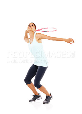 Buy stock photo Woman, smile and exercise with tennis racket in studio for sports practice, fitness and workout. Player, serve and happy athlete with equipment for match, competition and training on white background