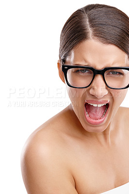 Buy stock photo Glasses, portrait and shouting with woman in studio isolated on white background for reaction to news. Announcement, notification and shock with face of frustrated model screaming in anger or protest