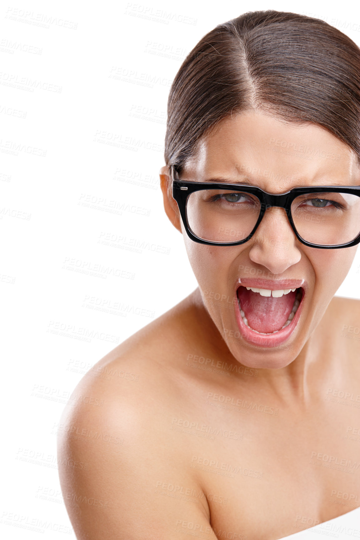 Buy stock photo Glasses, portrait and shouting with woman in studio isolated on white background for reaction to news. Announcement, notification and shock with face of frustrated model screaming in anger or protest