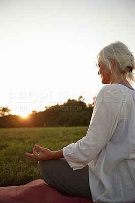 Buy stock photo Lotus, hands and mature woman with yoga in park for meditation, holistic wellness and mindfulness. Mockup, senior person and flexibility in nature for zen, spiritual healing or peaceful with posture