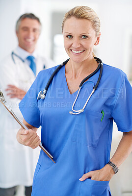 Buy stock photo Mature woman, medical and doctor portrait with staff clipboard, healthcare and clinic professional with confidence. Cardiology, stethoscope and wellness worker with happy and smile at ICU care job