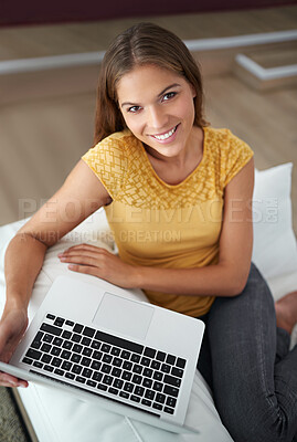 Buy stock photo Portrait, home and woman on couch, laptop and internet with connection, technology and email. Face, person and girl on couch, apartment or computer with happiness, network or website info in lounge