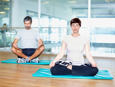 Buy stock photo People, lotus pose and yoga exercise for meditation, spiritual healing and position for chakra balance. Class, holistic aura and mat for mental awareness in studio, peace and yogi coach for fitness