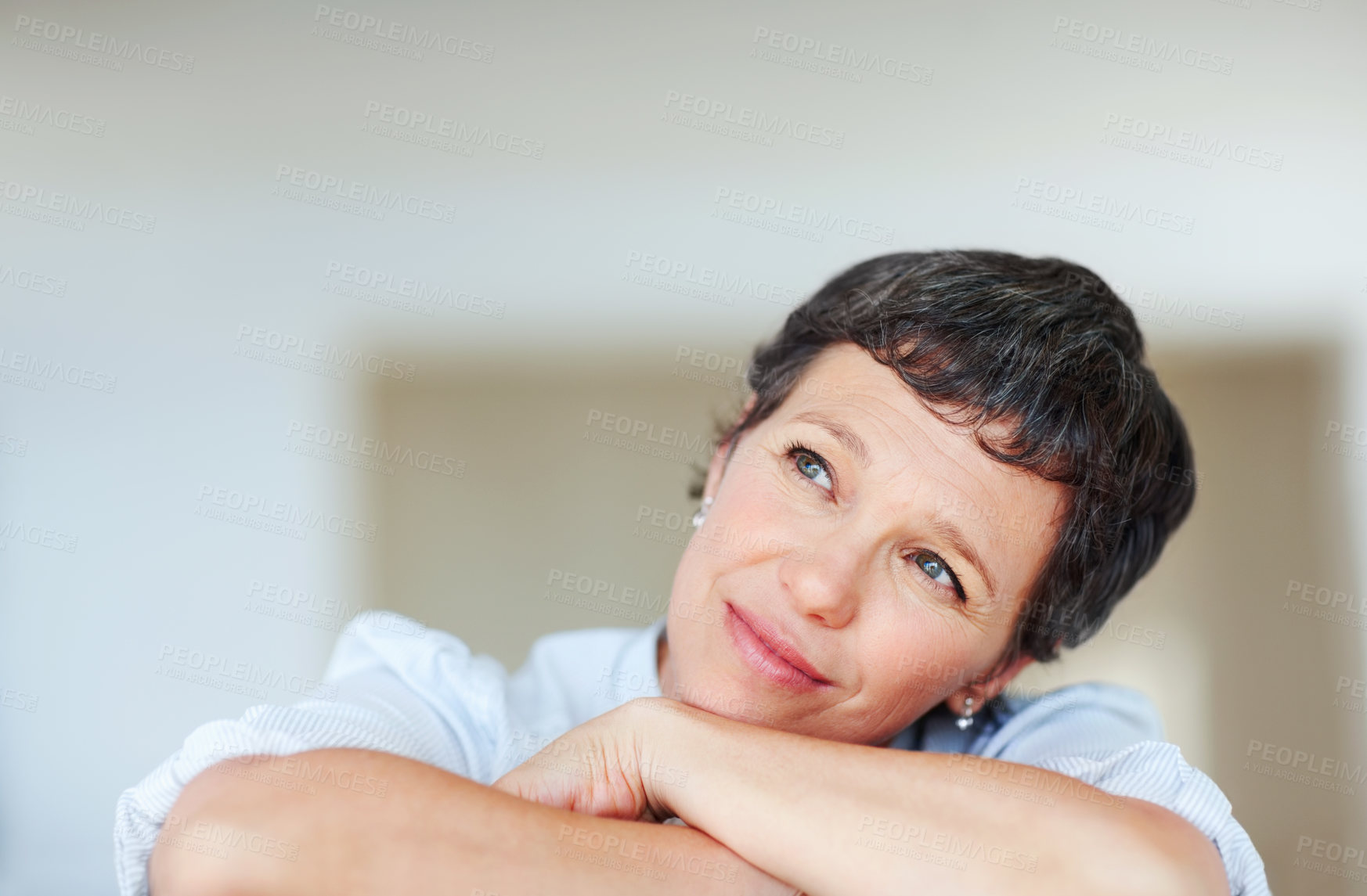 Buy stock photo Mature woman, smile and thinking in home with nostalgia, memory and daydreaming. Person, thoughtful and reflection on couch in living room with wondering, contemplating or problem solving with space