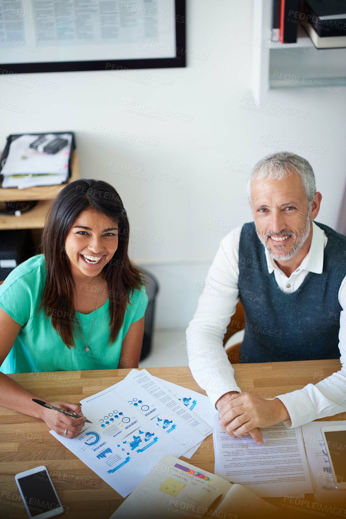 Buy stock photo Man, woman and documents with portrait in office for review, graphs and discussion with stats at media company. People, paperwork and happy with teamwork, charts and feedback at creative agency