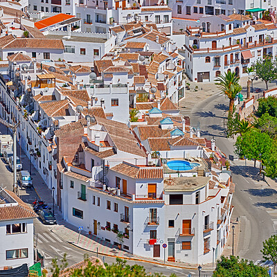 Buy stock photo Panoramic, urban view and city with architecture, skyline and coastal town in Spain with houses and street. Development, holiday and vacation destination in Europe with village and travel on trip