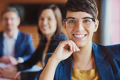 Buy stock photo Boardroom, businesswoman and portrait with smile for corporate project, workshop and training for staff. Office, colleague and female hr manager with confidence for company updates, review or meeting