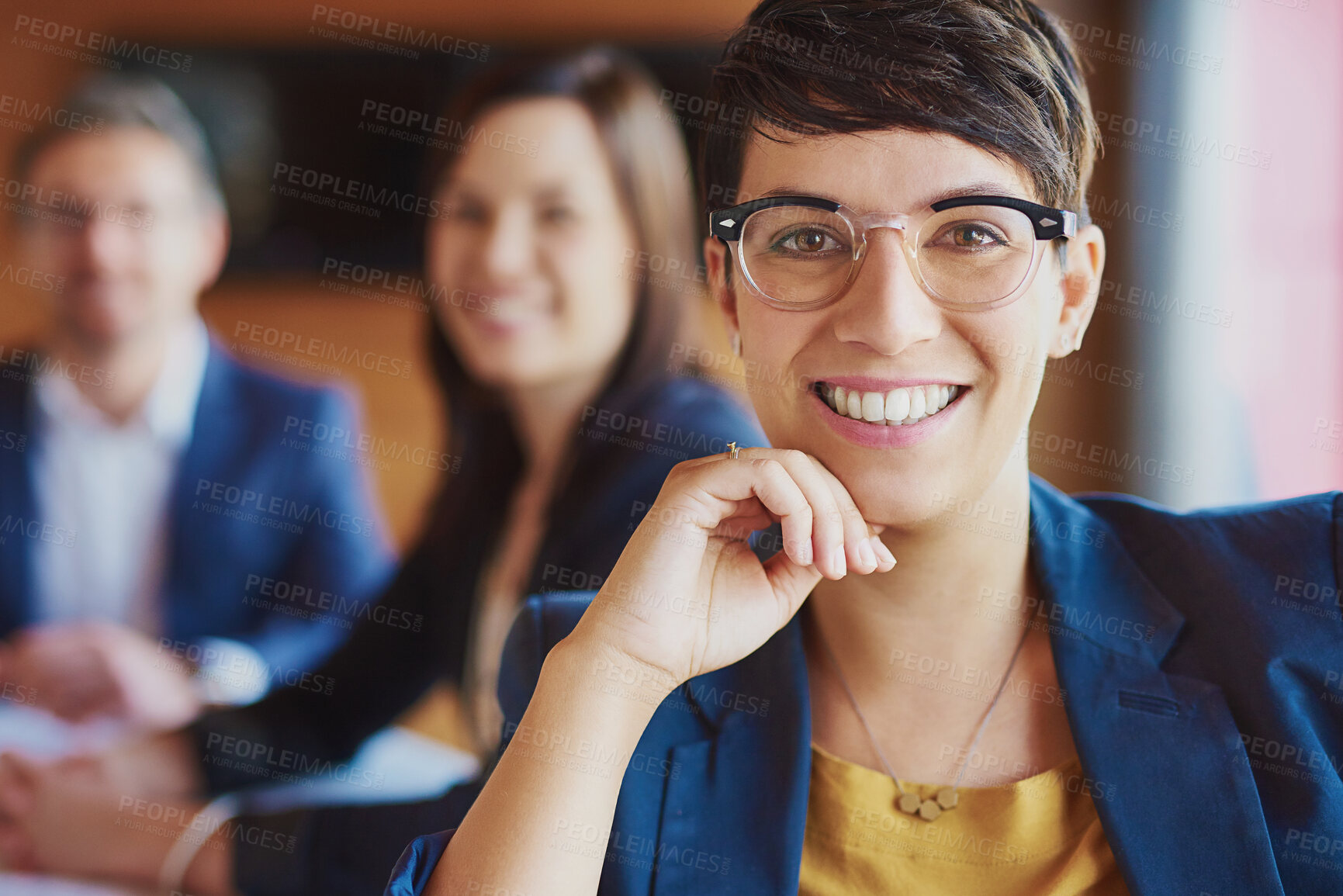 Buy stock photo Boardroom, businesswoman and portrait with smile for corporate project, workshop and training for staff. Office, colleague and female hr manager with confidence for company updates, review or meeting