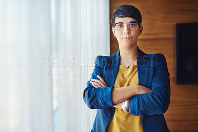 Buy stock photo Business woman, portrait and lawyer with glasses in confidence for management at corporate law firm. Young, female person or agent attorney with arms crossed or formal outfit at office or workplace